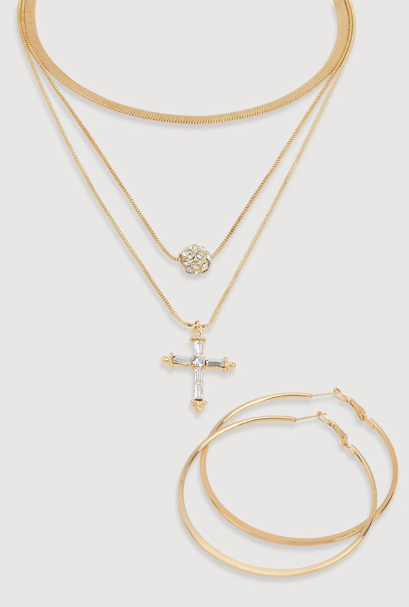 Womens Cubic Zirconia Cross Layered Necklace and Hoop Earrings, Gold