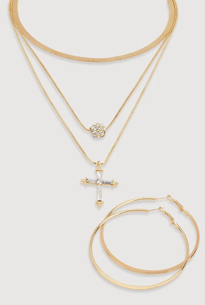 Womens Cubic Zirconia Cross Layered Necklace and Hoop Earrings, Gold