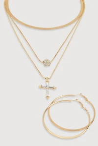 Womens Cubic Zirconia Cross Layered Necklace and Hoop Earrings, Gold