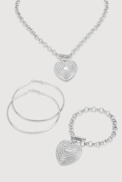 Heart Pendant Necklace and Bracelet with Hoop Earrings