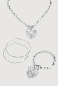 Heart Pendant Necklace and Bracelet with Hoop Earrings