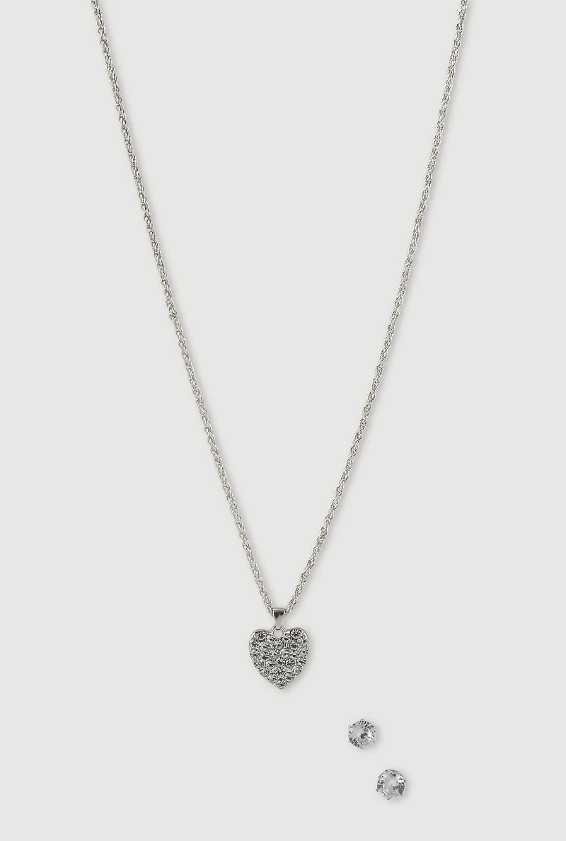 Cubic Zirconia Heart Necklace and Stud Earrings