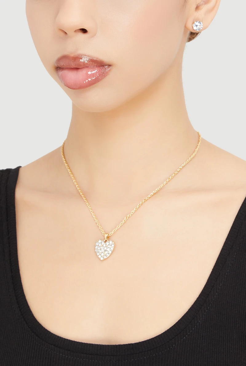 Cubic Zirconia Heart Necklace and Stud Earrings