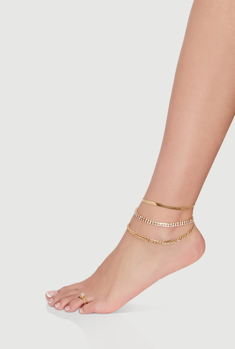 Assorted Metallic Chain Anklet Trio with Toe Ring