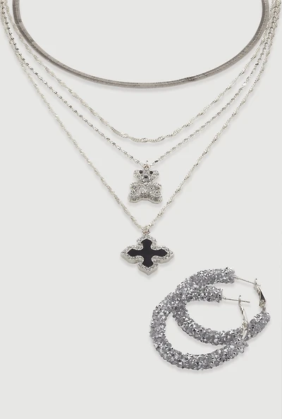 Womens Assorted Charm Layered Necklace with Hoop Earrings, Silver
