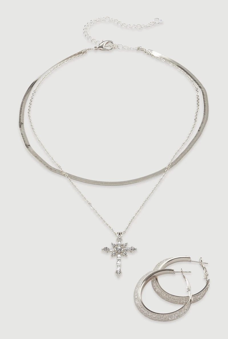 Womens Cubic Zirconia Cross Charm Layered Necklace with Hoop Earrings, Silver