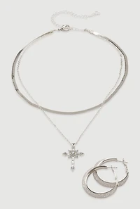 Womens Cubic Zirconia Cross Charm Layered Necklace with Hoop Earrings, Silver