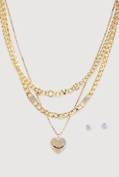 Love Layered Chain Necklace and Stud Earrings Set
