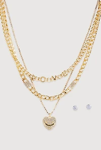 Love Layered Chain Necklace and Stud Earrings Set