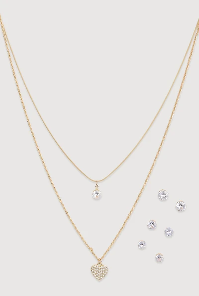 Heart Pendant Layered Necklace with Stud Earring Trio