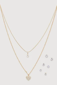 Heart Pendant Layered Necklace with Stud Earring Trio