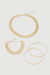 Curb Chain Bracelet and Necklace with Hoop Earrings