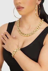 Curb Chain Bracelet and Necklace with Hoop Earrings
