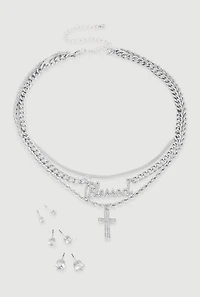 Blessed Cross Layered Necklace with Stud Earring Trio Set