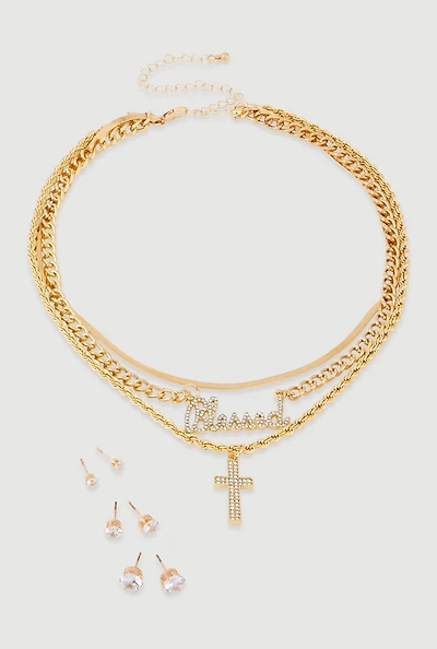 Womens Blessed Cross Layered Necklace with Stud Earring Trio Set, Gold