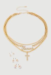 Womens Blessed Cross Layered Necklace with Stud Earring Trio Set, Gold