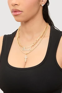 Womens Blessed Cross Layered Necklace with Stud Earring Trio Set, Gold