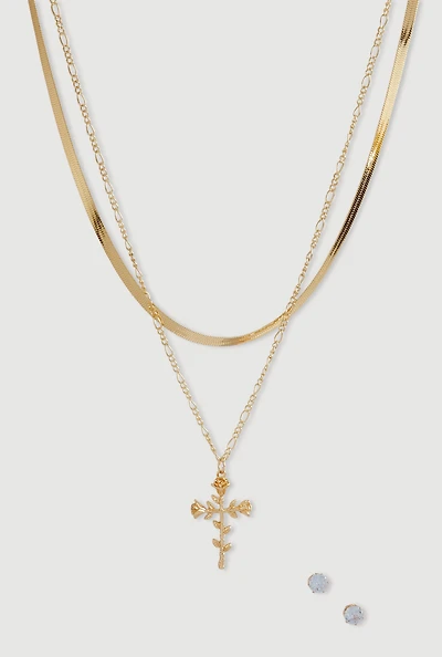 Rose Cross Layered Necklace and Stud Earrings