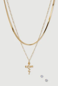 Rose Cross Layered Necklace and Stud Earrings