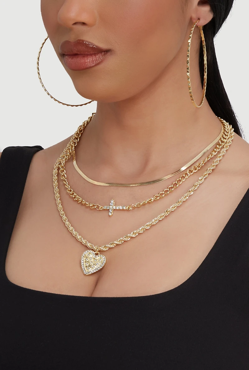 Charm Layered Necklace with Hoop Earring Trio