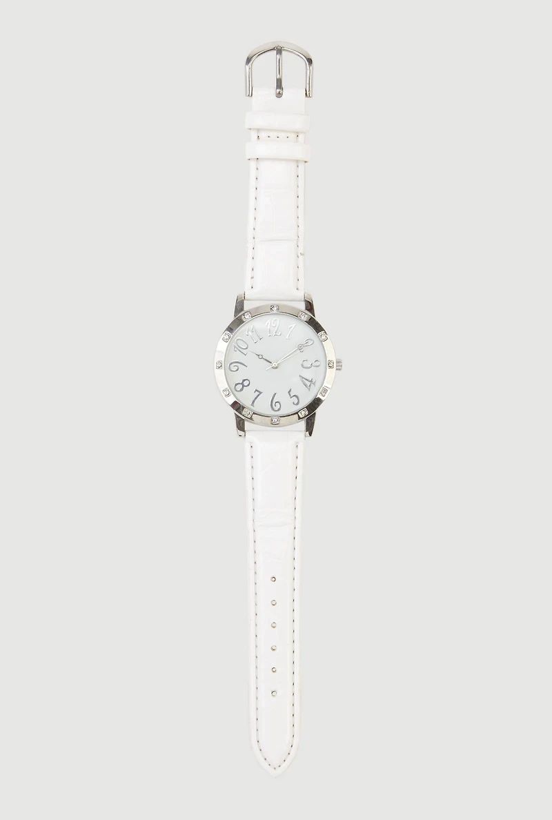 Rhinestone Detail Faux Leather Analog Watch