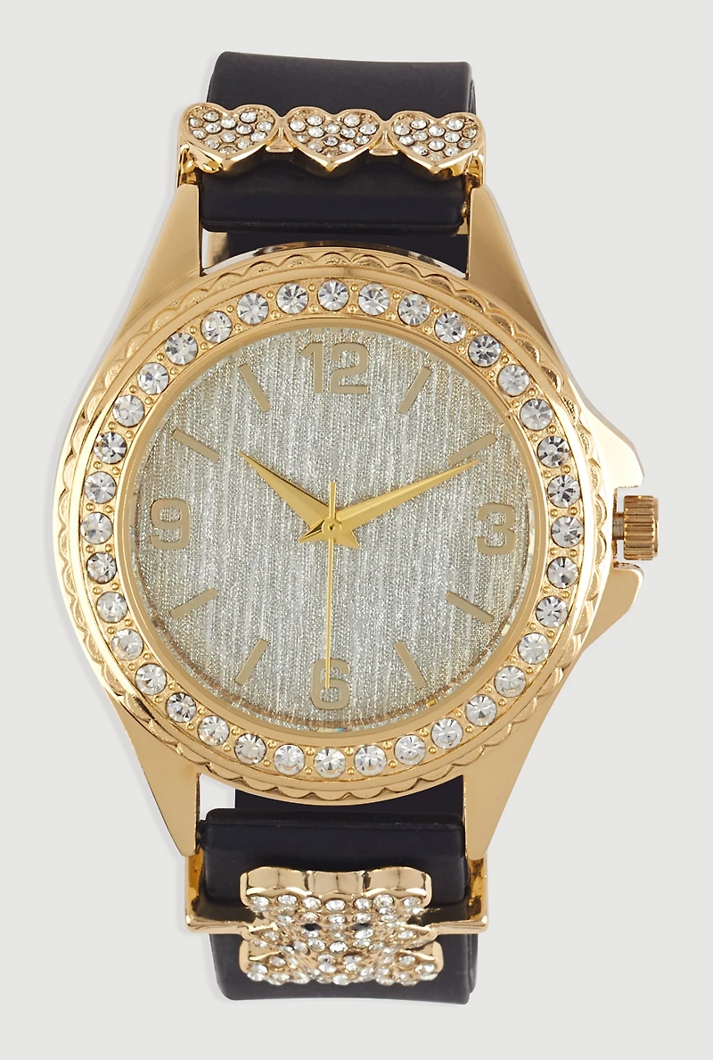 Heart Bear Rhinestone Detail Analog Watch
