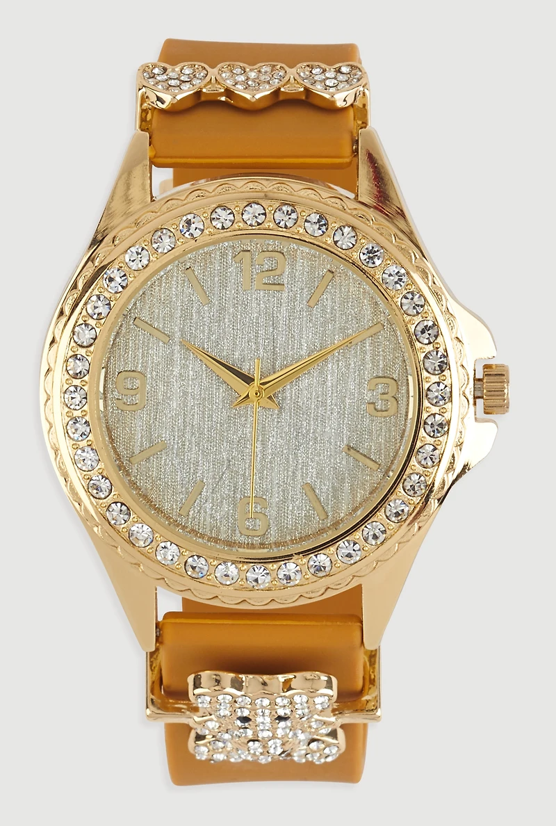 Heart Bear Rhinestone Detail Analog Watch