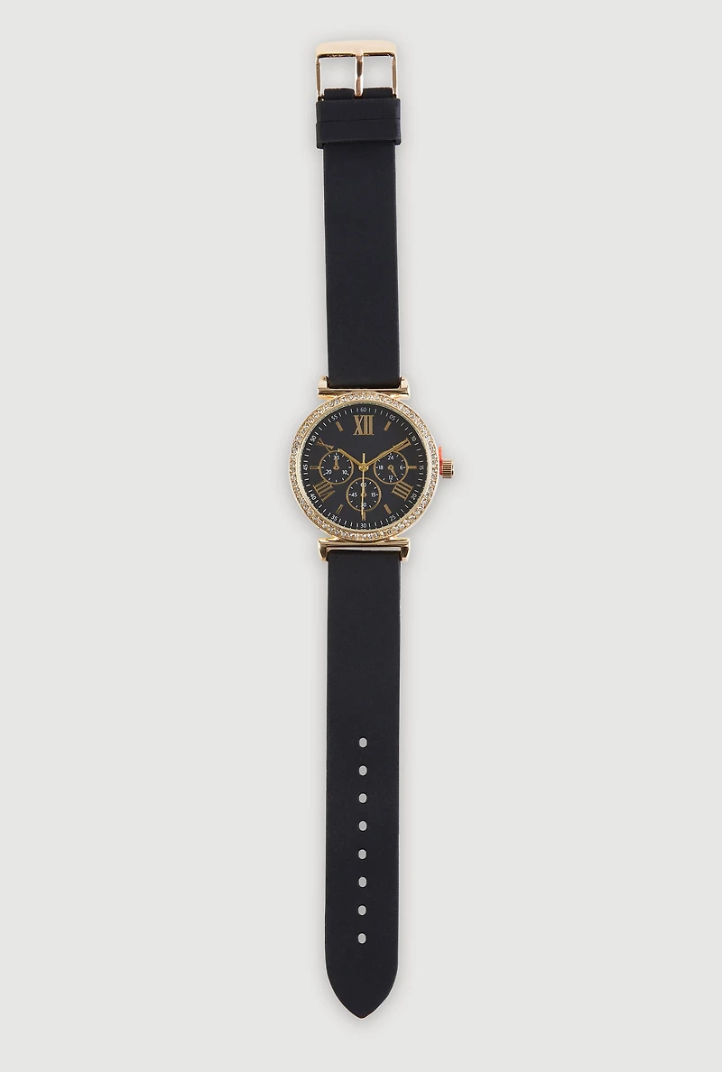 Roman Numeral Rhinestone Trim Analog Watch