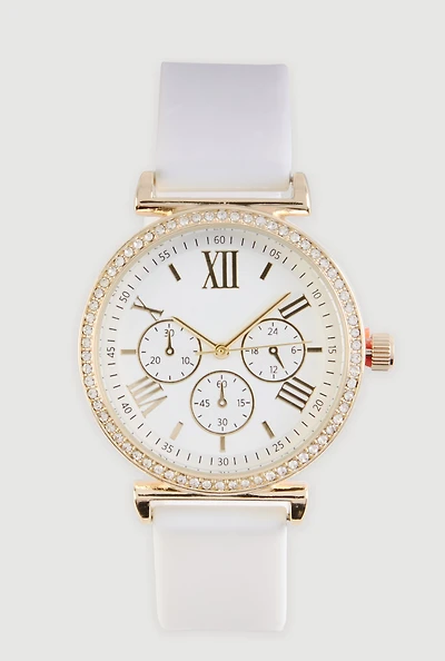 Roman Numeral Rhinestone Trim Analog Watch