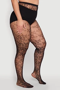Womens Plus Size Fishnet Patterned High Waist Tights, Black
