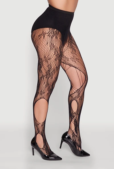 Womens Distressed Fishnet Tights, Black