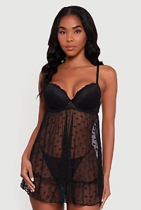 Womens Heart Mesh Babydoll Cami and G-String, Black, Size M