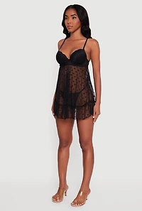 Womens Heart Mesh Babydoll Cami and G-String, Black, Size M