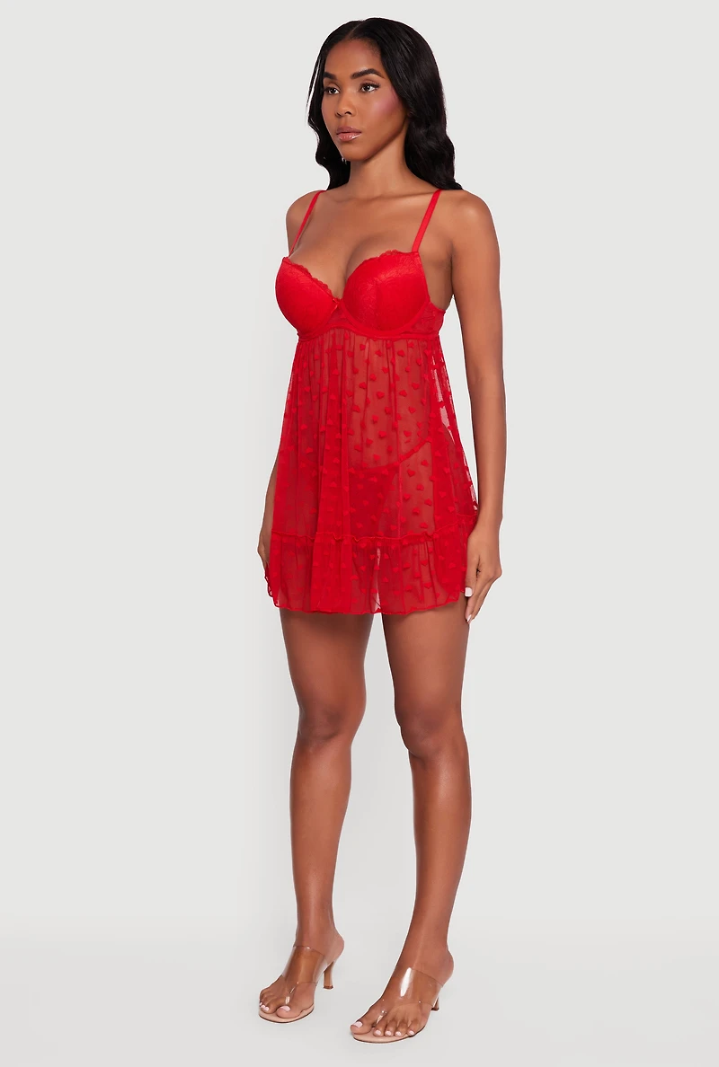 Womens Heart Mesh Babydoll Cami and G-String, Red, Size M