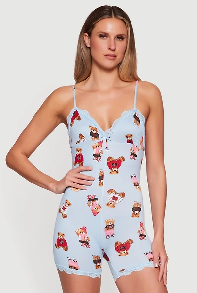Bear Patterned Lace Trim Pajama Romper
