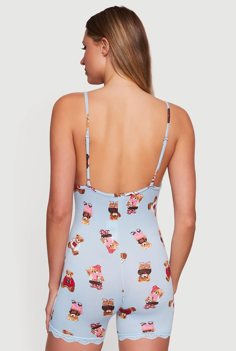 Bear Patterned Lace Trim Pajama Romper