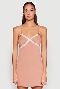 Womens Ribbed Knit Lace Detail Cami Nightgown, L