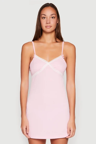 Womens Ribbed Knit Lace Detail Cami Nightgown, Pink, Size XL