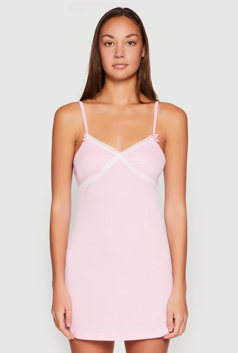 Womens Ribbed Knit Lace Detail Cami Nightgown, Pink,