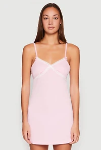 Womens Ribbed Knit Lace Detail Cami Nightgown, Pink,