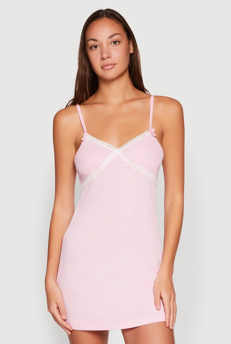 Womens Ribbed Knit Lace Detail Cami Nightgown, Pink,