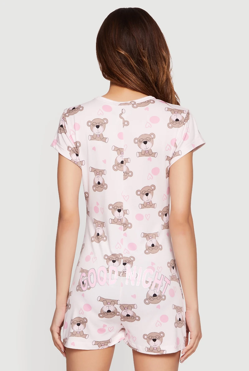 Good Night Bear Heart Print Pajama Romper