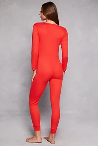 Womens Love Yourself Ribbed Button Front Pajama Onesie, Red, Size L
