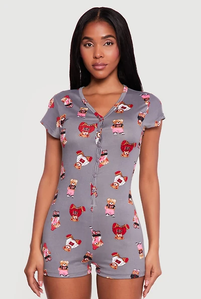 Bear Patterned Button Front Pajama Romper