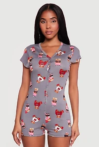 Bear Patterned Button Front Pajama Romper