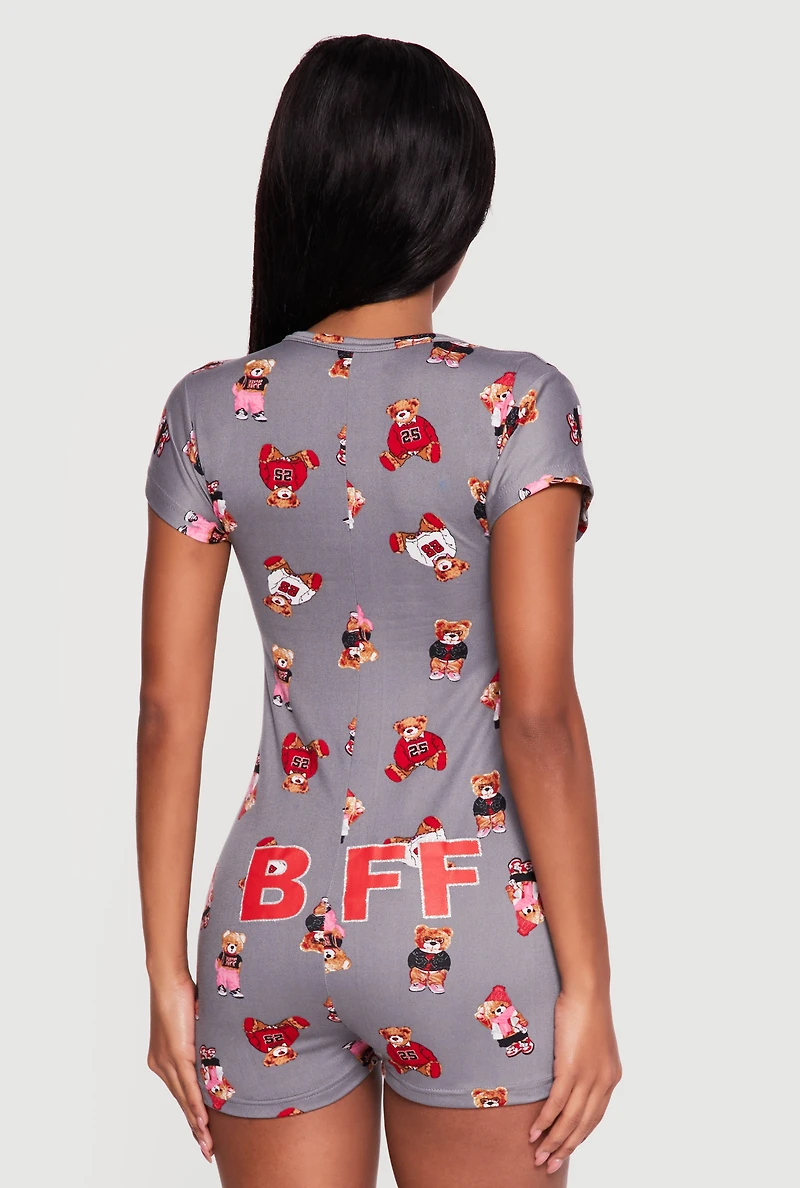 Bear Patterned Button Front Pajama Romper