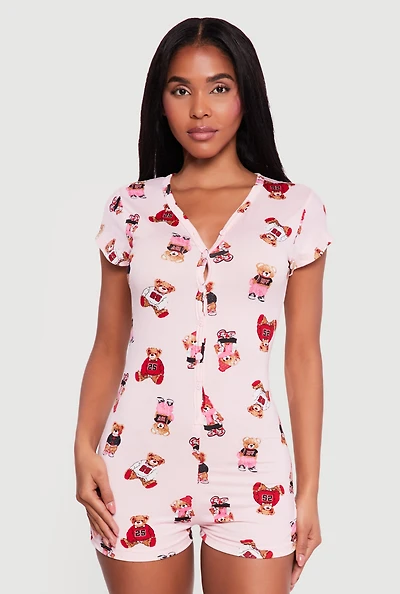 Bear Patterned Button Front Pajama Romper