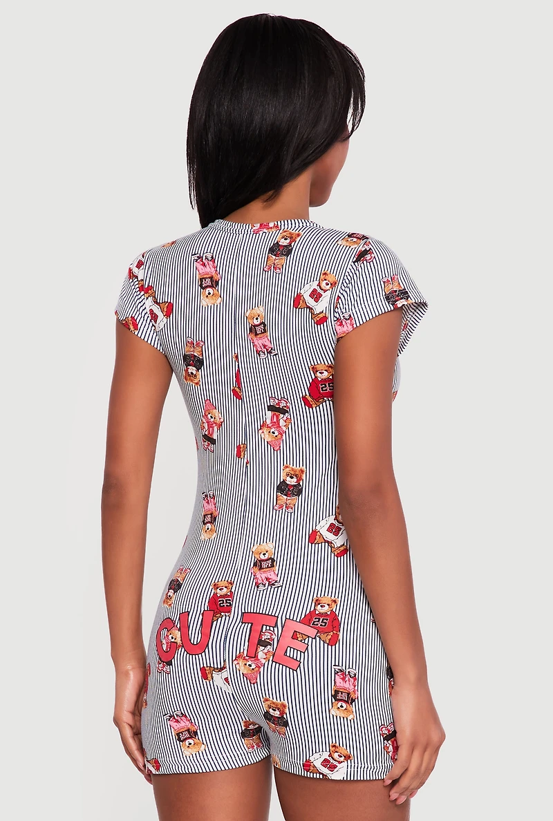 Striped Teddy Bear Print Pajama Romper