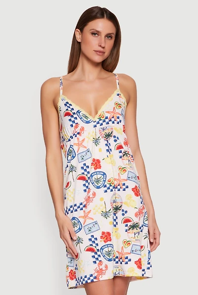 Tropical Print Lace Trim Pajama Cami Nightgown