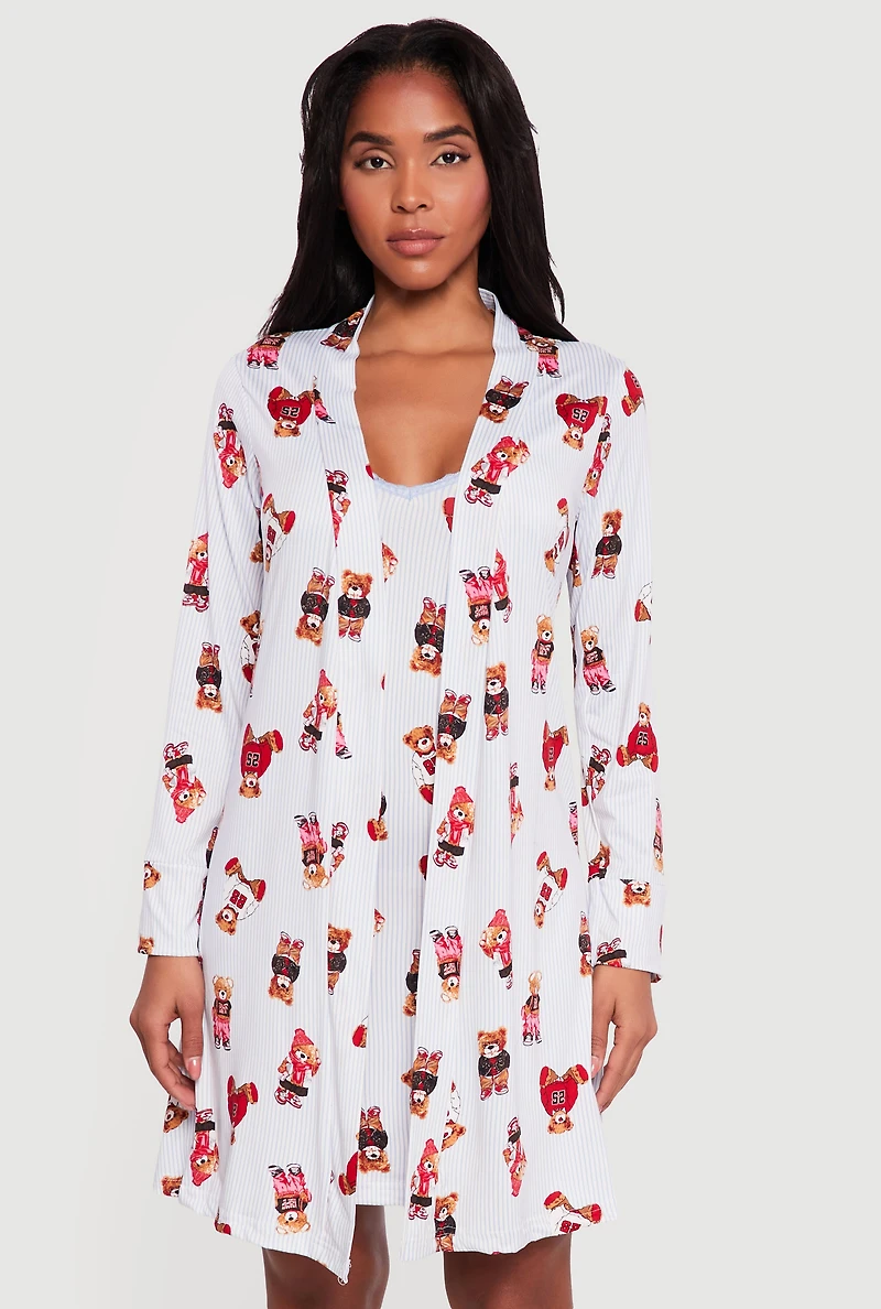 Teddy Bear Striped Print Cami Nightgown with Robe